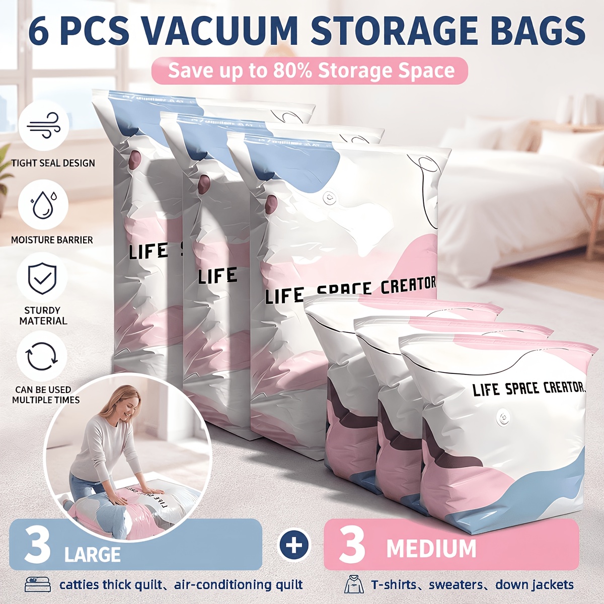 Space Blanket Heavy - 6-Pack Kantong Vakum Tanpa Pompa Heavy-Duty,