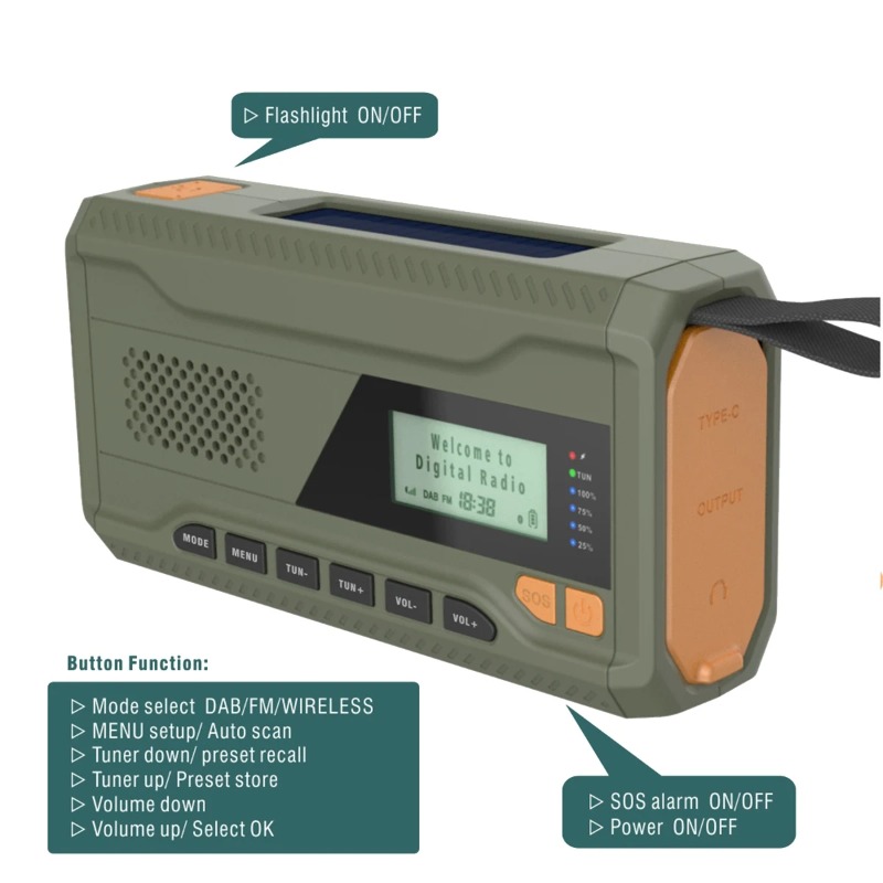 Emergency Radio Solar - Radio DAB/FM Bluetooth Radio Darurat Luar